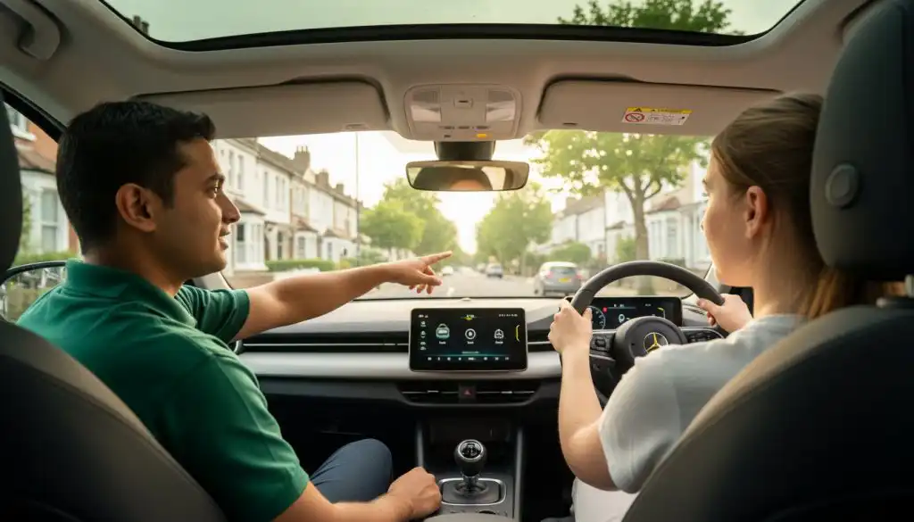 Instructor guiding a learner driver along a residential street