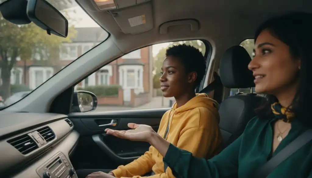 Driving instructor explaining a manoeuvre to a learner in the car