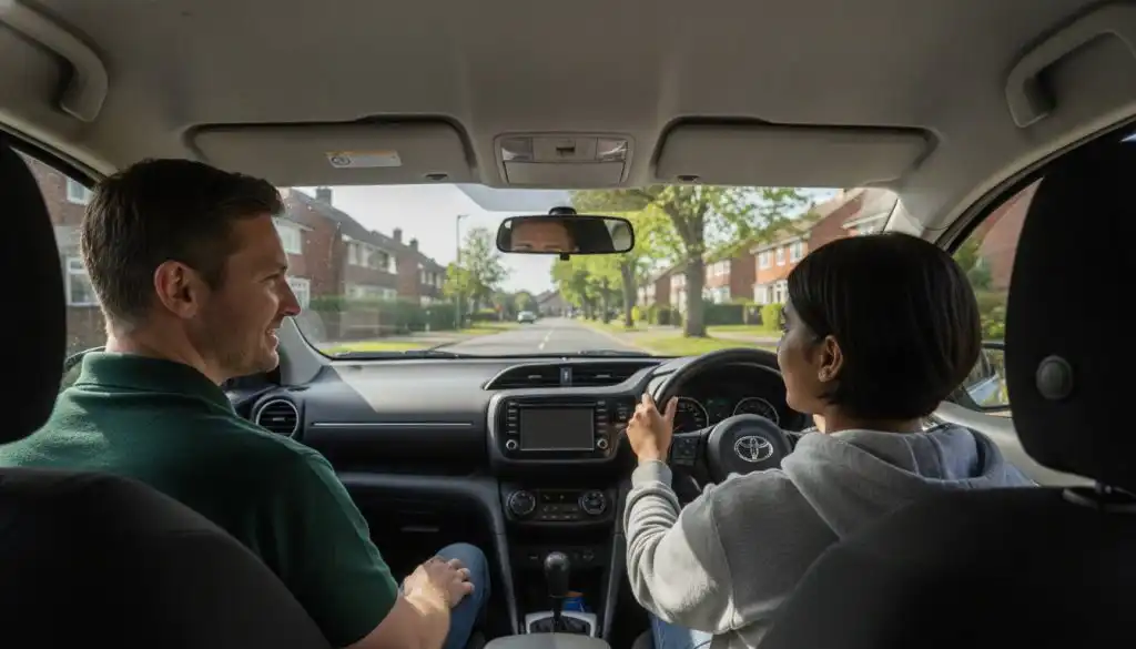 Learner driver practising on a quiet residential road with an instructor